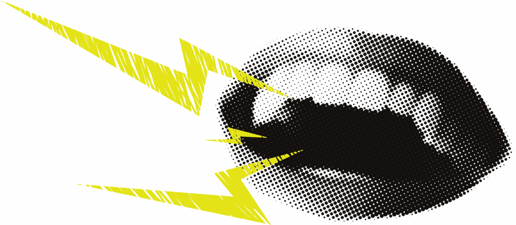 An image of a smiling open mouth with bolts of lightening shooting from the opening.